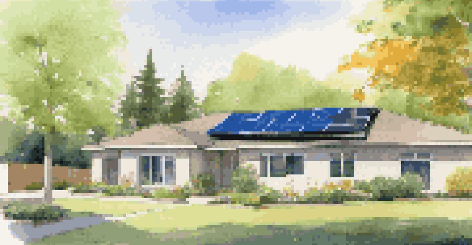 A home with solar panels on the roof, showcasing a digital monitor and surrounding greenery.