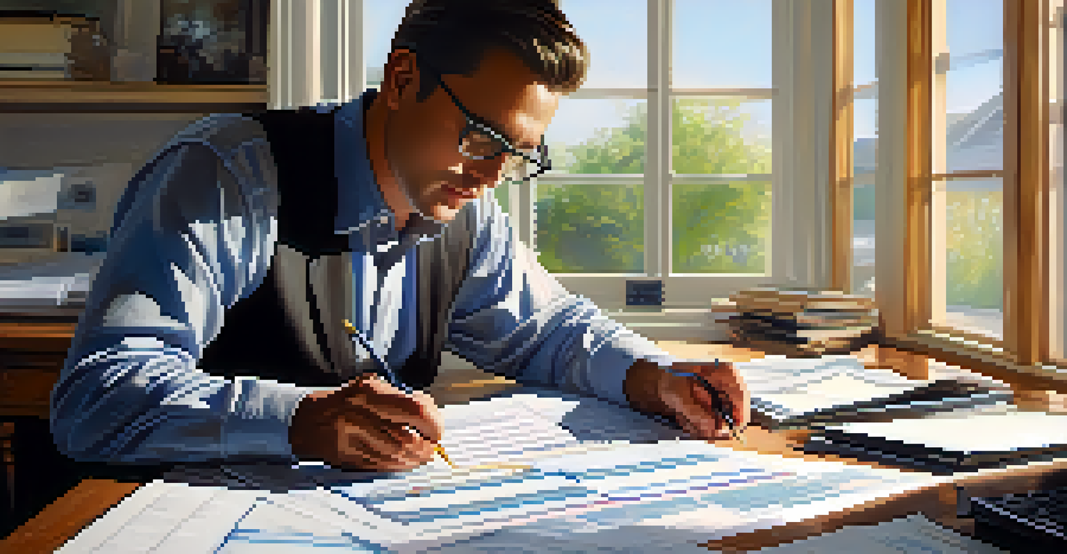 A contractor reviewing proposals with a pen, surrounded by documents and a calculator.