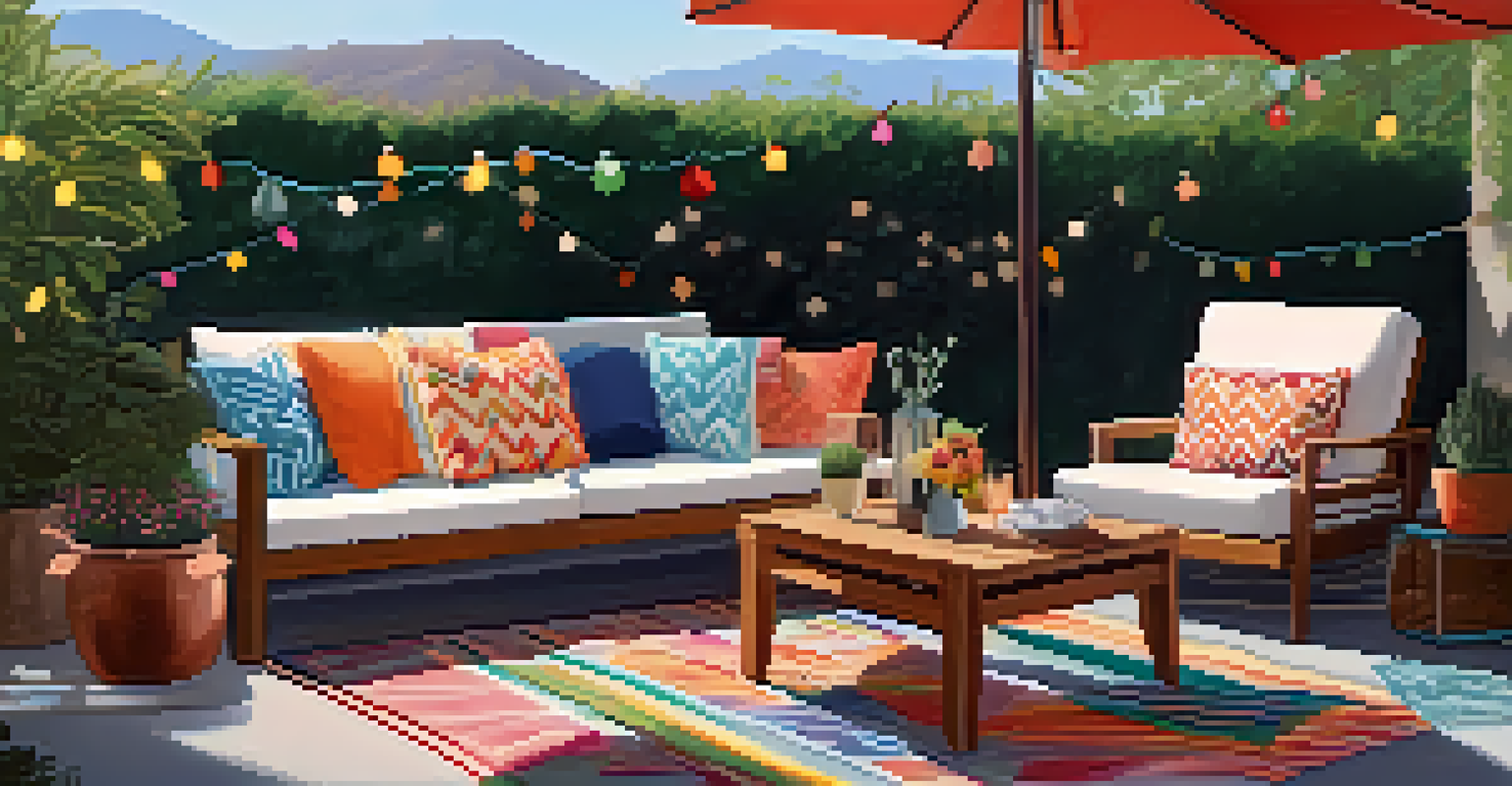 A cozy outdoor patio with lounge chairs, a colorful umbrella, and glowing string lights, perfect for summer gatherings.