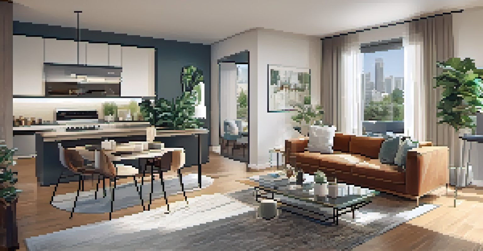 A property manager conducting a virtual apartment tour with a laptop, showcasing a spacious living room and kitchen with contemporary decor.