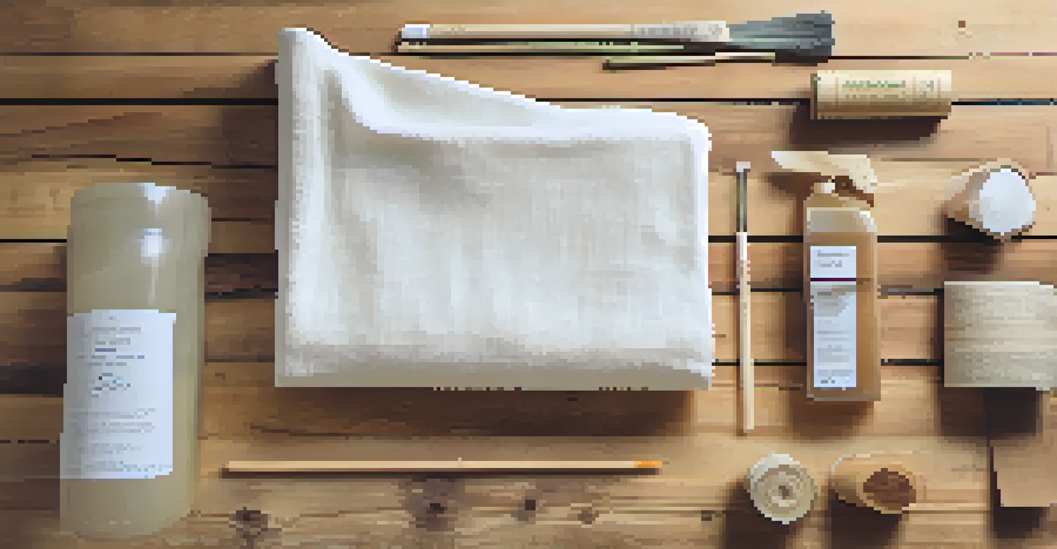 A close-up view of eco-friendly materials including organic cotton, reclaimed wood, and bioplastic samples on a wooden table.
