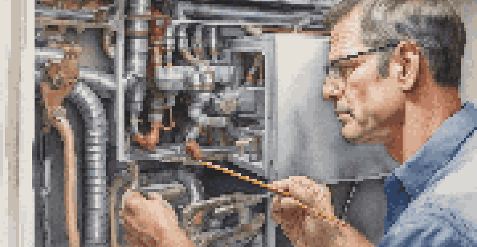 A close-up of a homeowner examining a modern HVAC system in a clean utility room with tools and manuals around.
