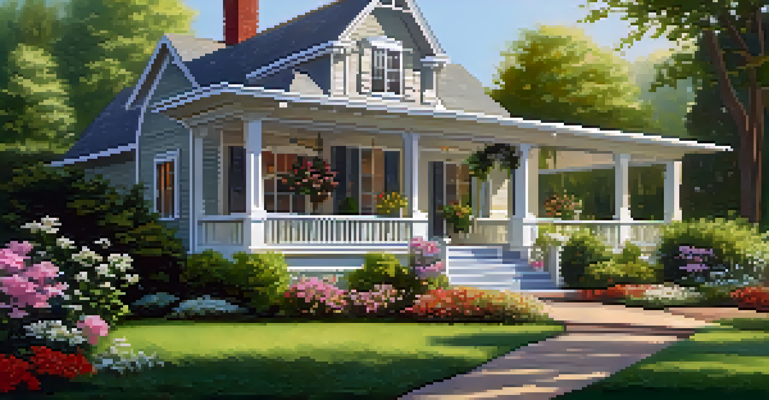 A charming family home with a 'For Sale' sign, surrounded by greenery and colorful flowers in soft morning light.