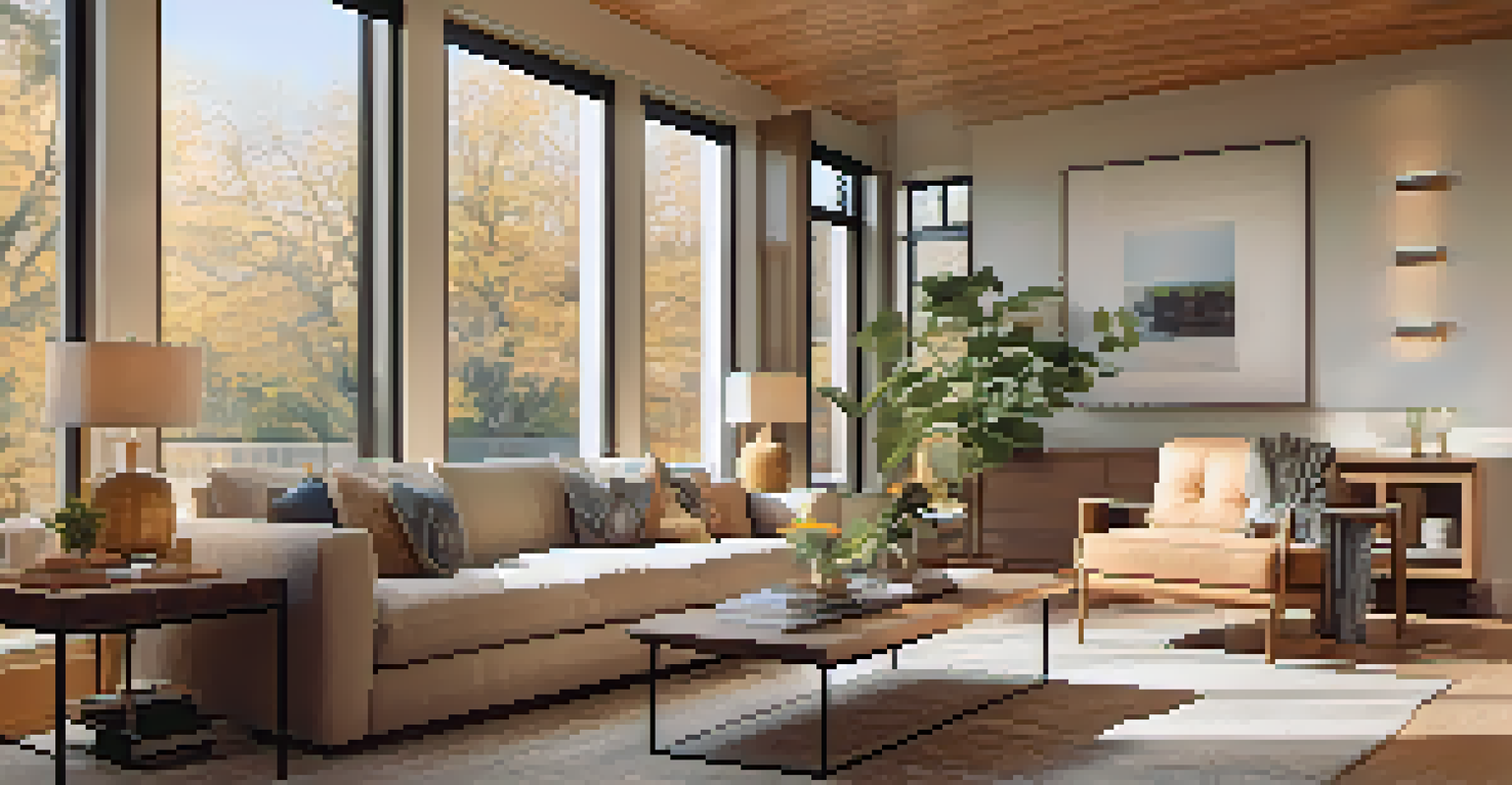 A cozy living room filled with natural light, showcasing smart home technology and energy-efficient appliances.