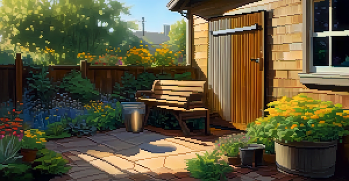 A vibrant garden with native plants, a rain barrel, and a seating area made from reclaimed wood, illuminated by soft golden sunlight.