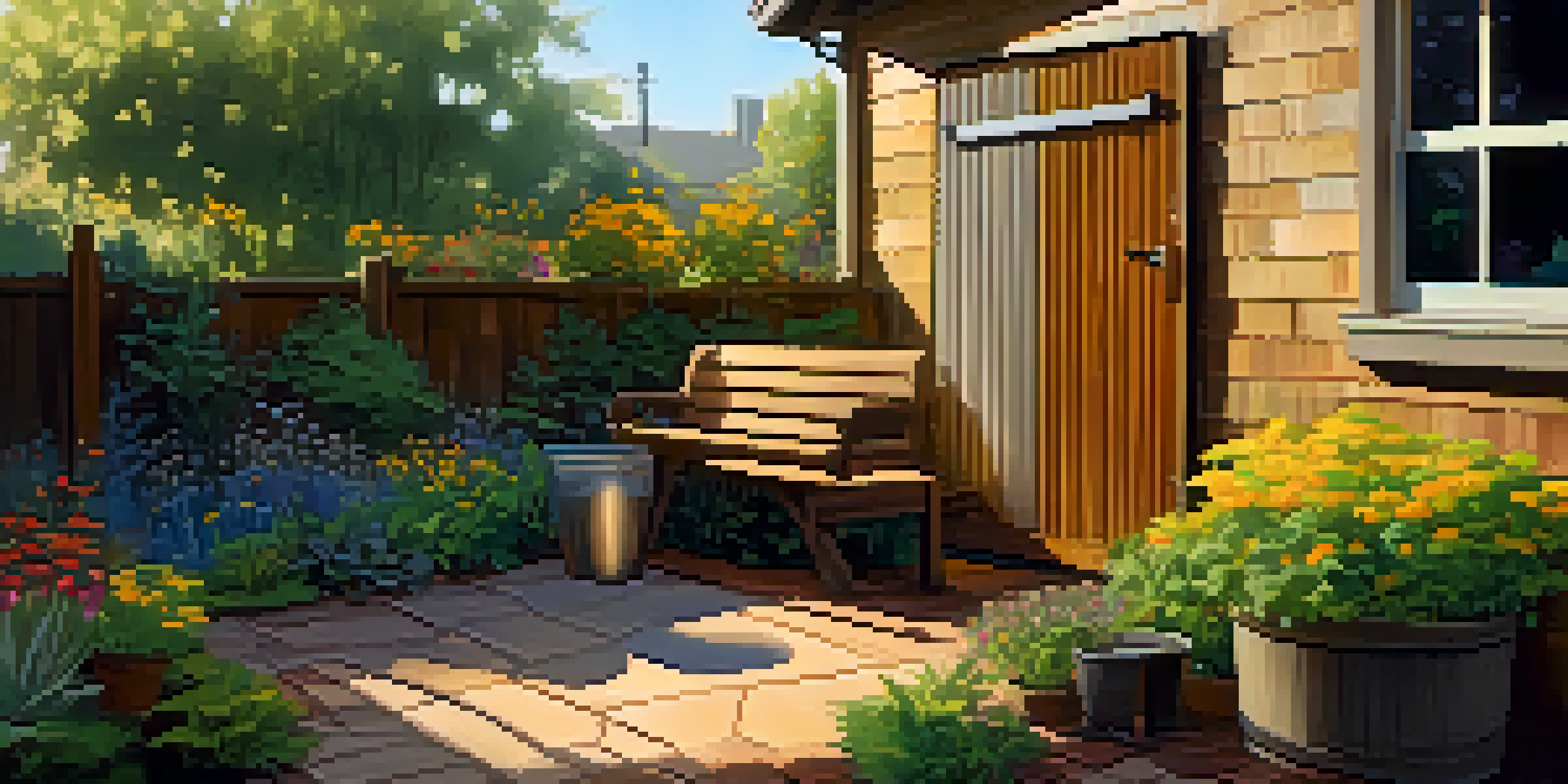 A vibrant garden with native plants, a rain barrel, and a seating area made from reclaimed wood, illuminated by soft golden sunlight.