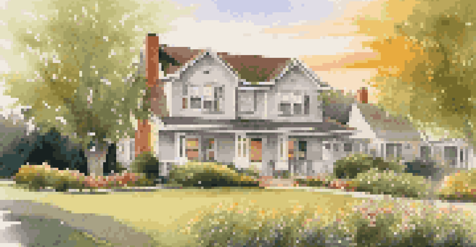A suburban house with a 'For Sale' sign in the front yard, surrounded by flowers and grass, illuminated by a warm sunset.