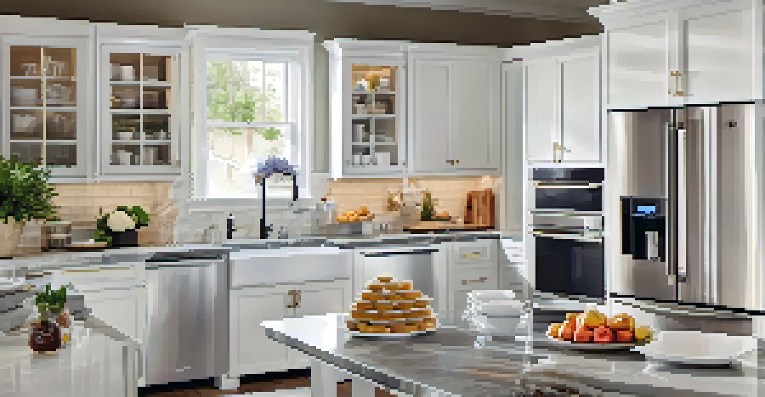 A bright and airy kitchen showcasing smart appliances like a touchscreen refrigerator and coffee maker, with marble countertops and fresh ingredients.