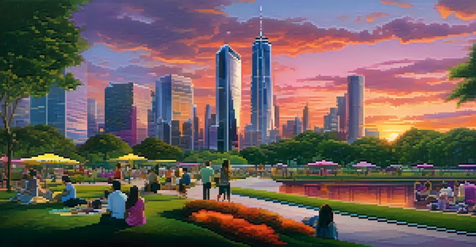 A vibrant city skyline during sunset with skyscrapers reflecting colorful hues in the sky and a park in the foreground.