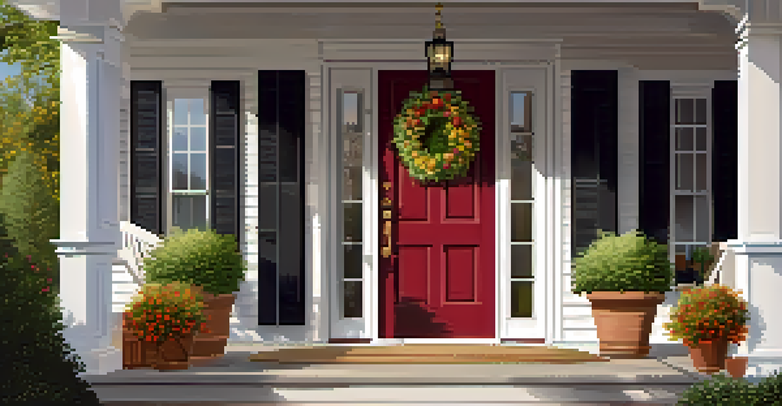 An inviting entryway with a freshly painted front door and a seasonal wreath, flanked by potted plants and bathed in soft morning light.
