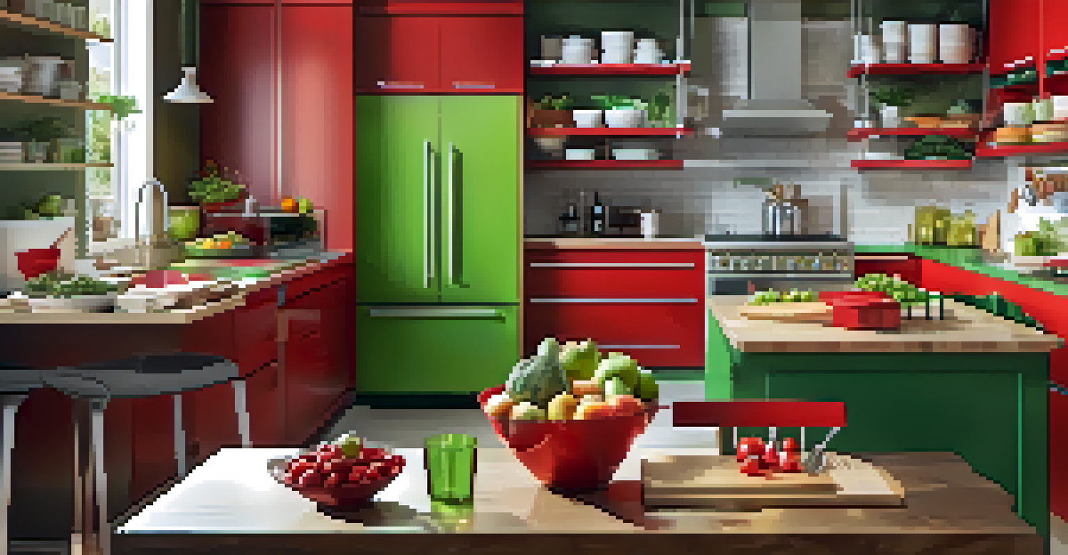 A neatly organized kitchen featuring color-coded storage with red containers for utensils and green bins for food items, illuminated by soft warm lighting.