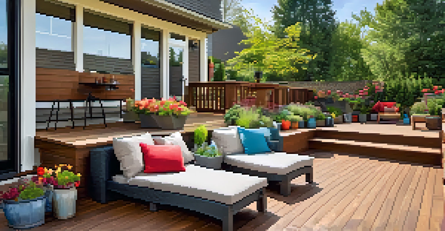 A multi-level backyard deck with integrated seating and lighting, surrounded by colorful planters and a clear blue sky.