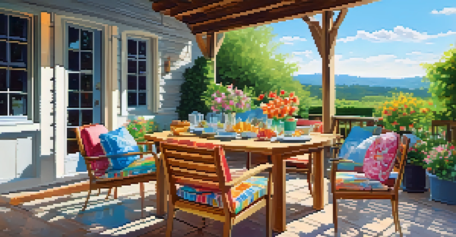 A summer patio ready for a barbecue, featuring a wooden table with colorful tableware and surrounded by greenery and flowers under a blue sky.