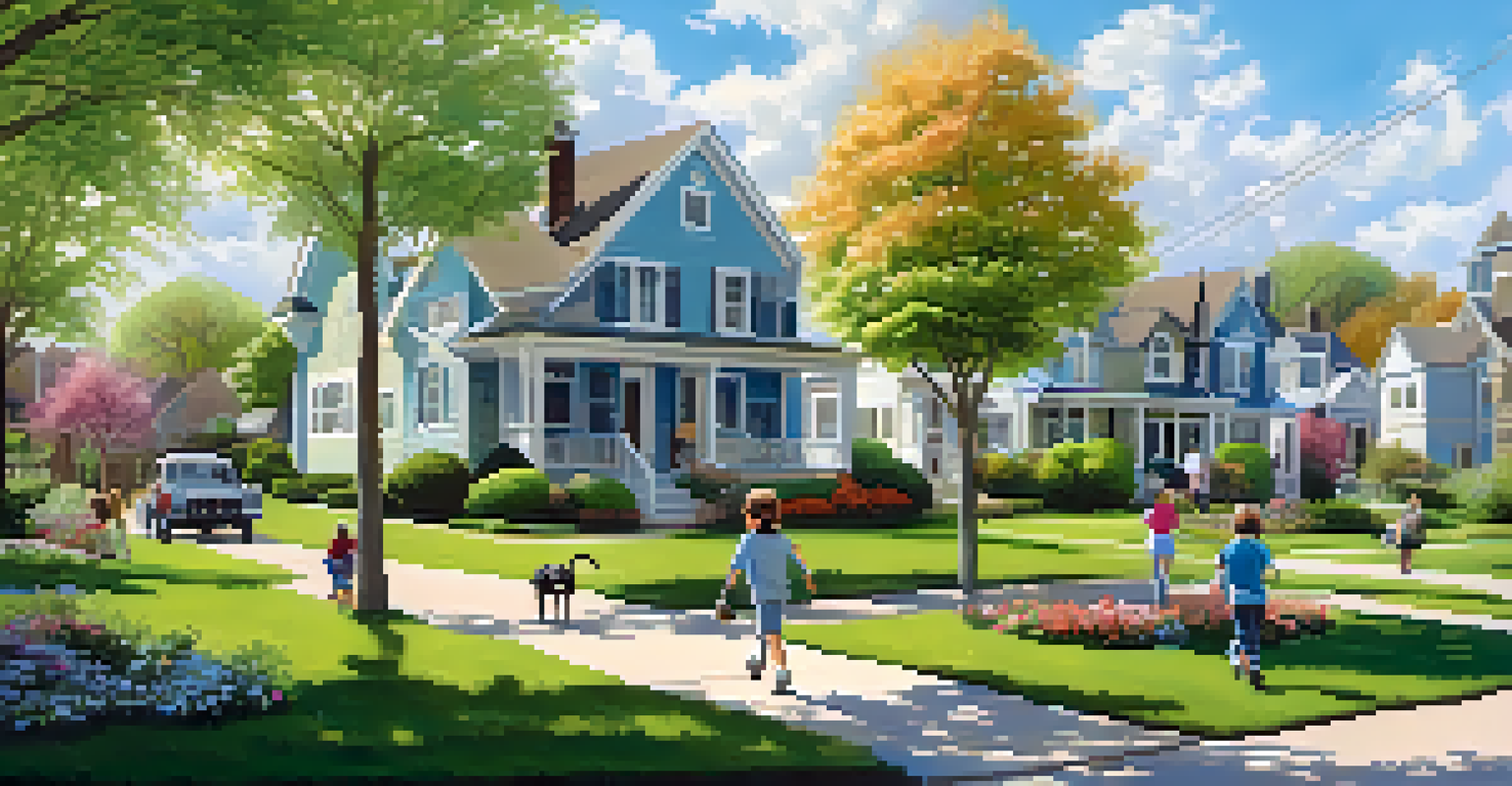 A tranquil suburban neighborhood in spring with houses, children playing, and a couple walking their dog.
