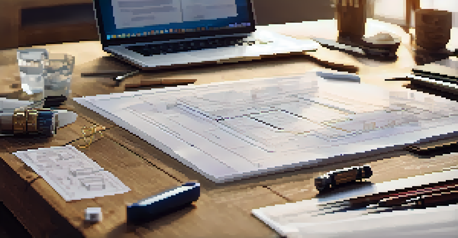 An architectural blueprint displaying a mixed-use development, surrounded by drafting tools and a laptop.