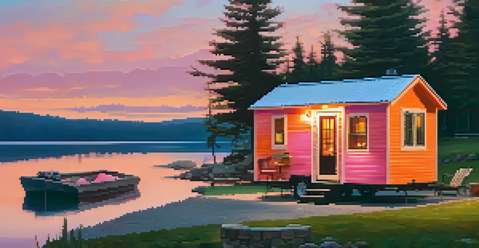 A tiny home on wheels by a tranquil lake at sunset, with colorful reflections in the water and a cozy fire pit nearby.