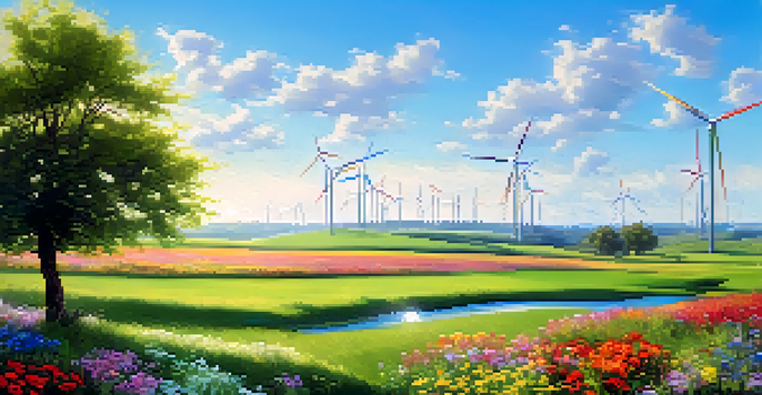A peaceful landscape with a green field, blue sky, wind turbine, and solar panels, surrounded by colorful flowers.