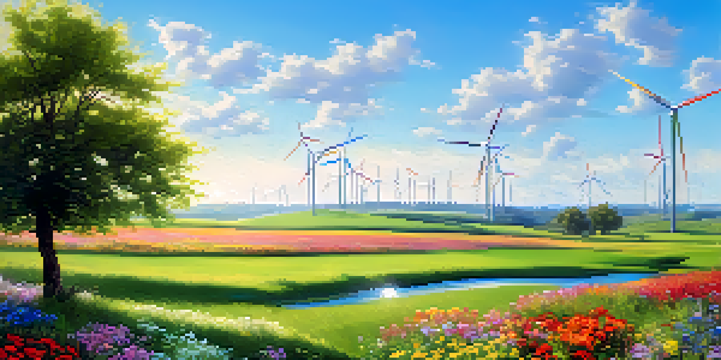 A peaceful landscape with a green field, blue sky, wind turbine, and solar panels, surrounded by colorful flowers.