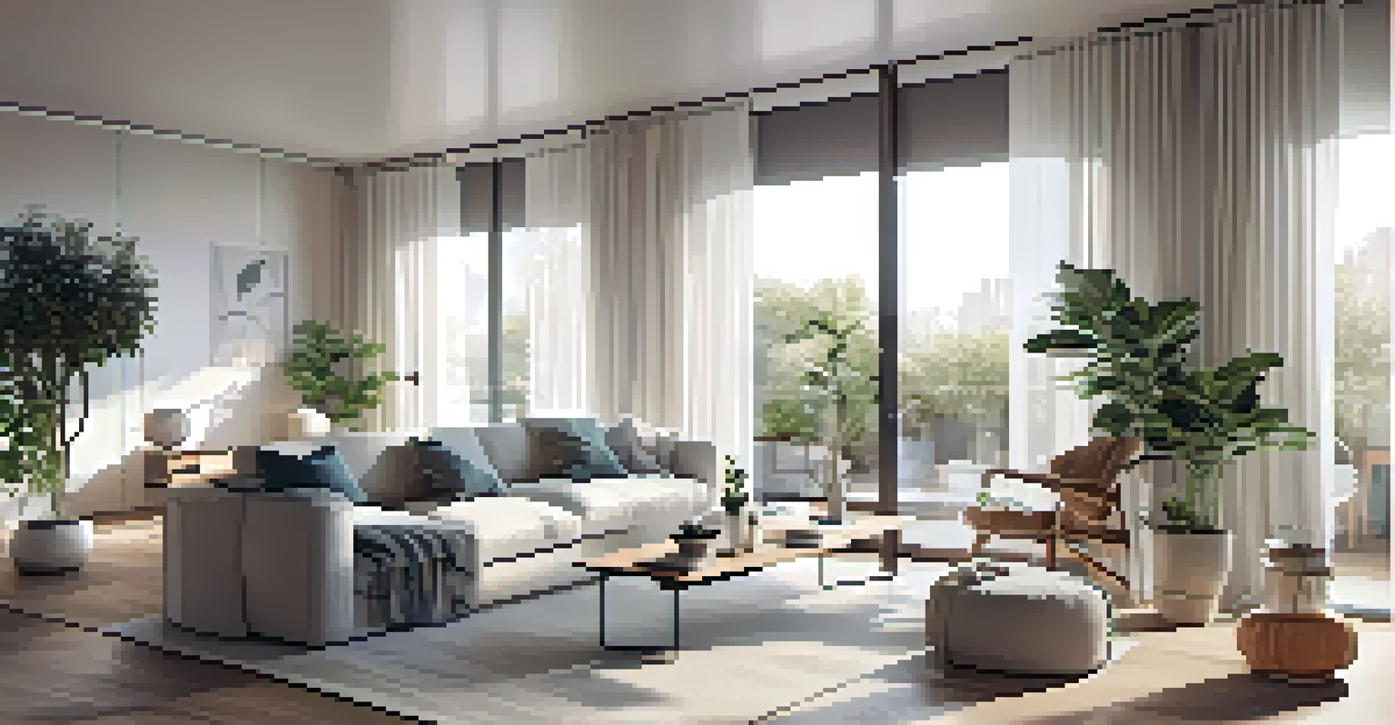 An open-concept apartment with sheer curtains separating the bedroom from the living area, filled with natural light and minimalist decor.
