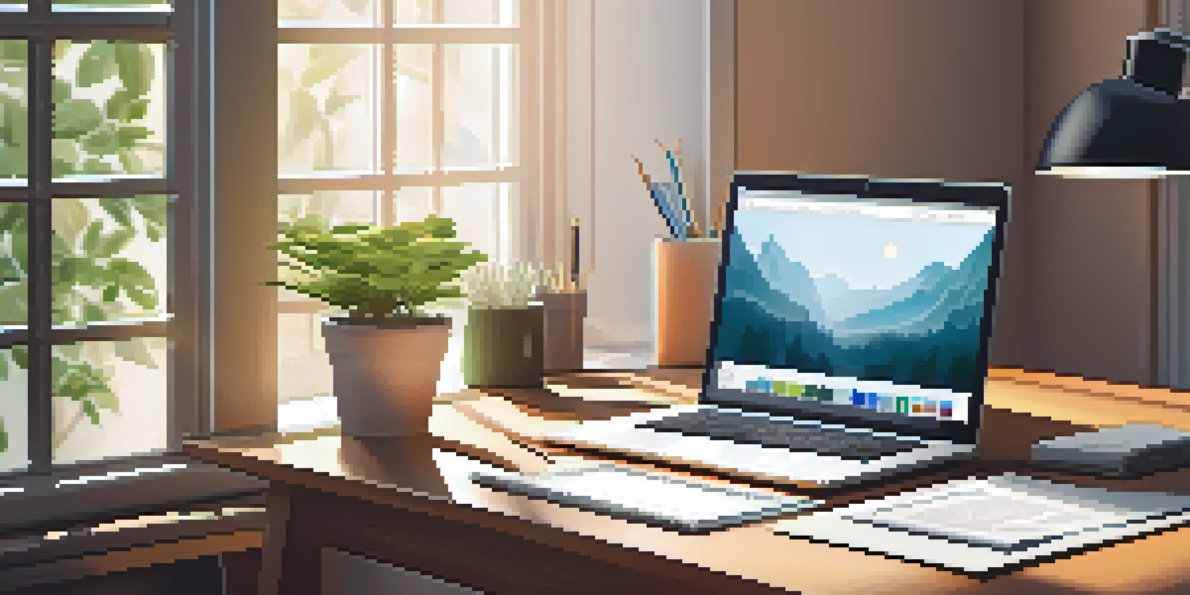 A well-organized desk with tax documents, a calculator, and an open laptop, illuminated by warm sunlight from a nearby window.