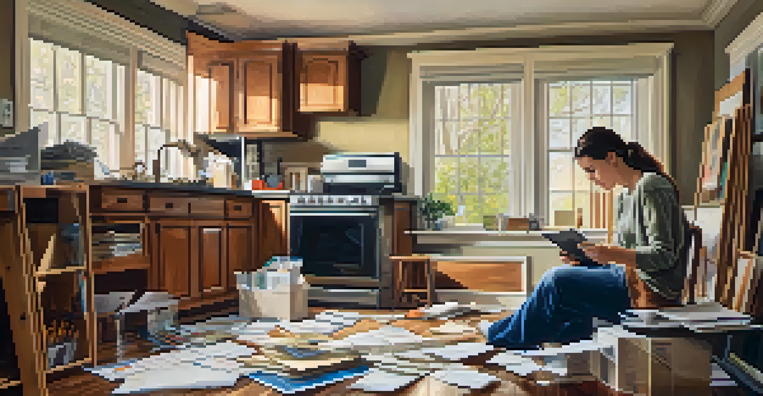 A homeowner compiling documents of previous foundation repairs in a warm, well-lit environment.