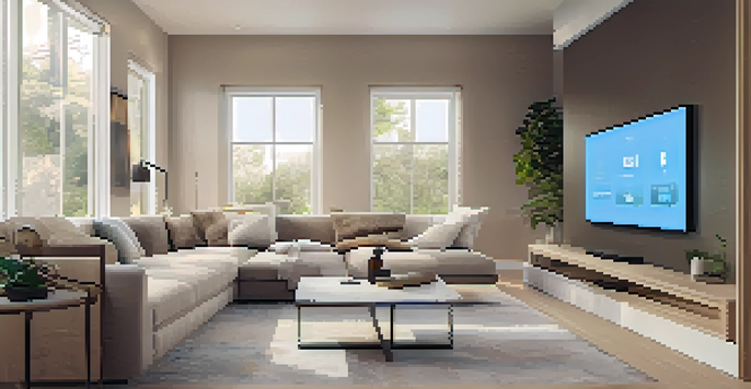 A contemporary living room showcasing smart home devices including a thermostat and smart lighting, with a smartphone on the table.