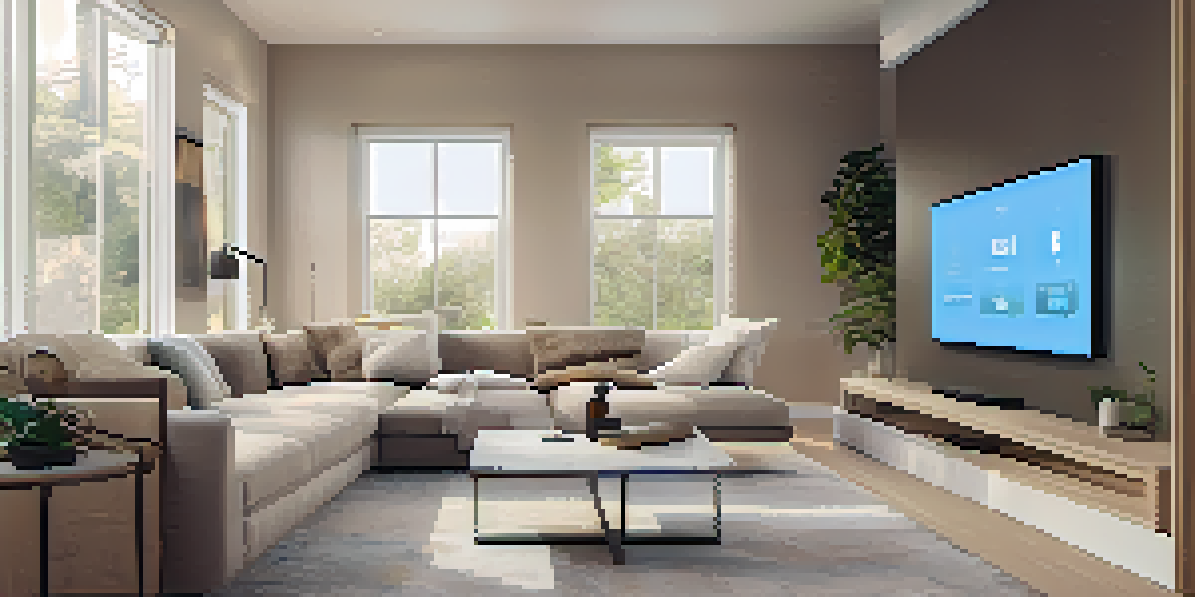 A contemporary living room showcasing smart home devices including a thermostat and smart lighting, with a smartphone on the table.