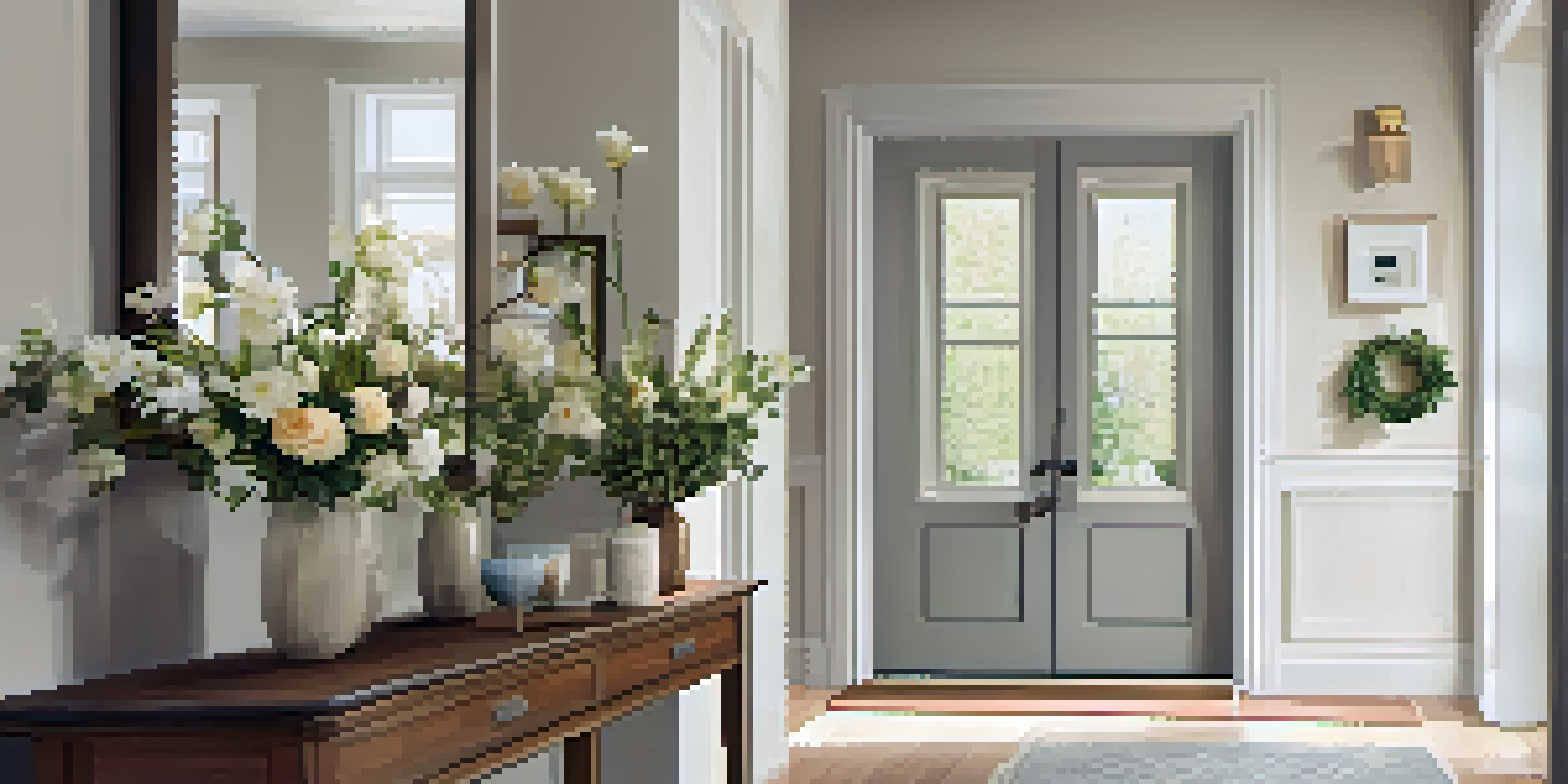 A welcoming entryway with a console table, flowers, and a mirror, illuminated by natural light.