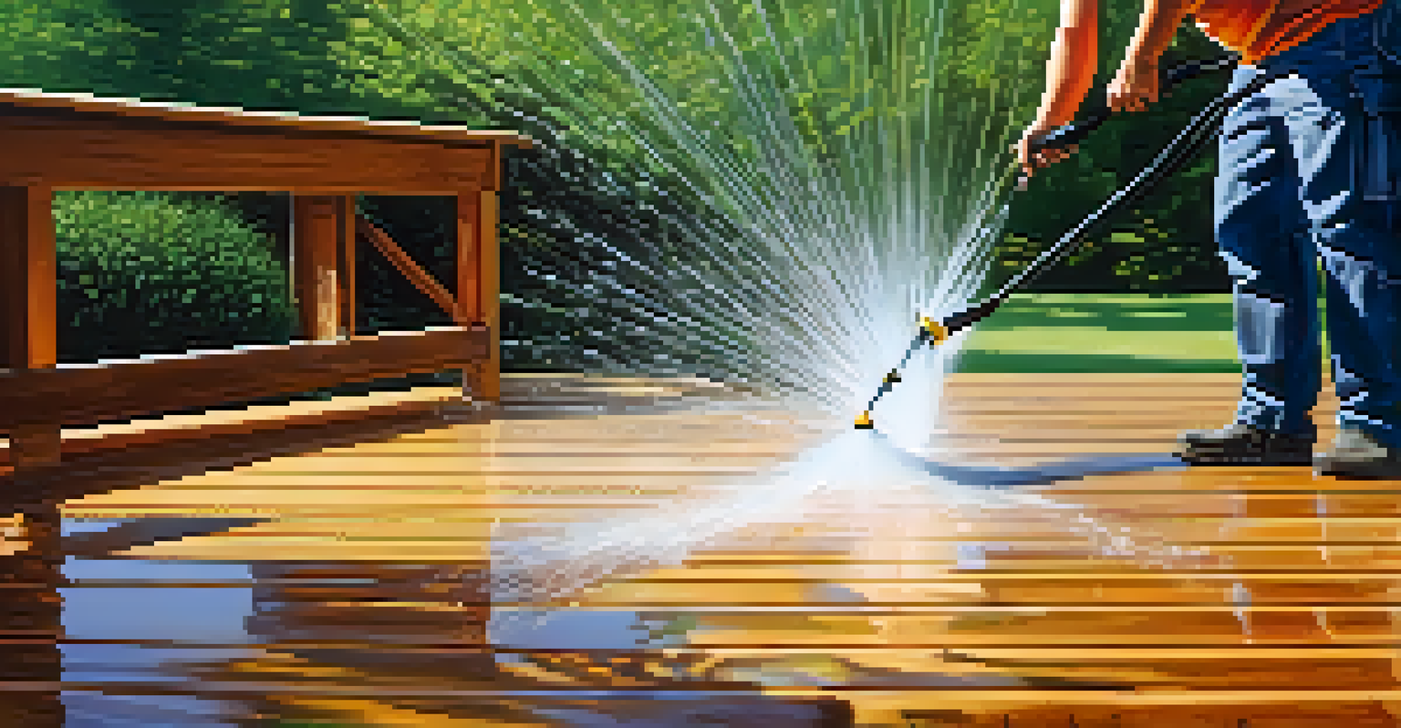 A person cleaning a wooden deck with a pressure washer, water spraying against the wood, with greenery in the background.