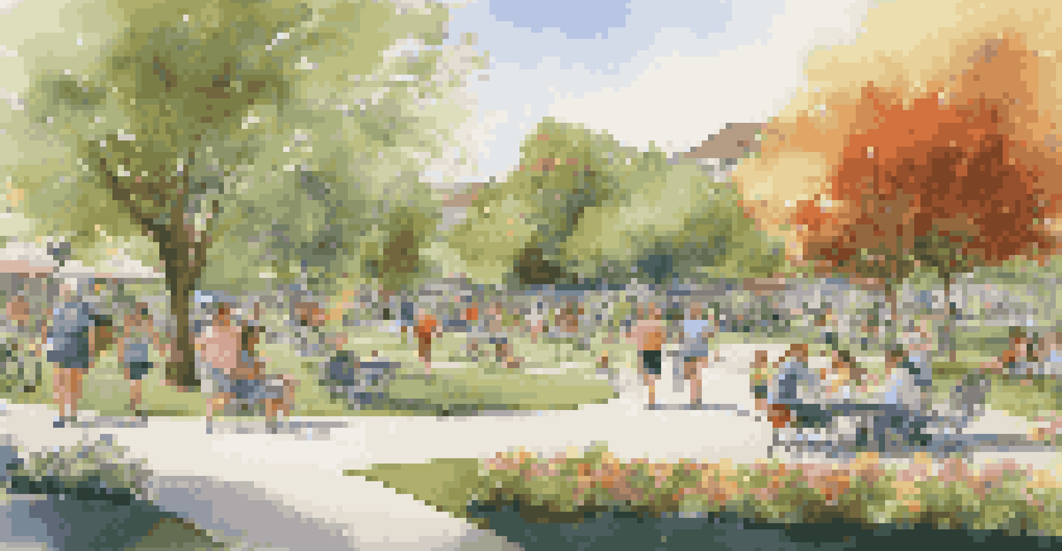 A lively community park with families engaged in outdoor activities and lush greenery.