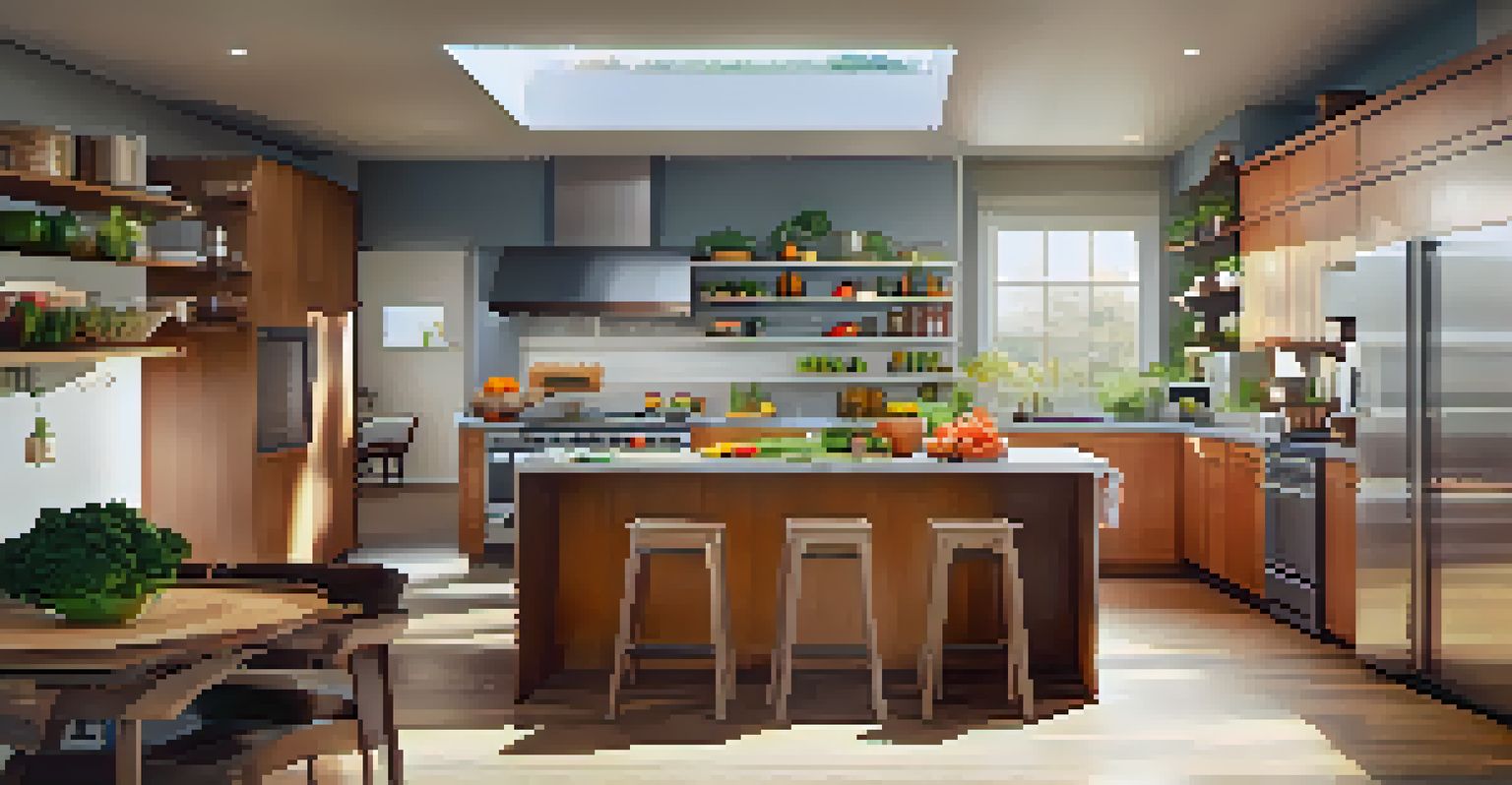 A modern kitchen filled with sunlight, featuring an island and fresh ingredients on the countertop.