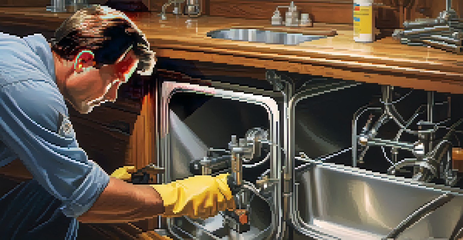 A close-up of a home inspector examining plumbing under a kitchen sink, highlighting the inspector's gloves, tools, and the textures of the pipes and cabinets in warm lighting.