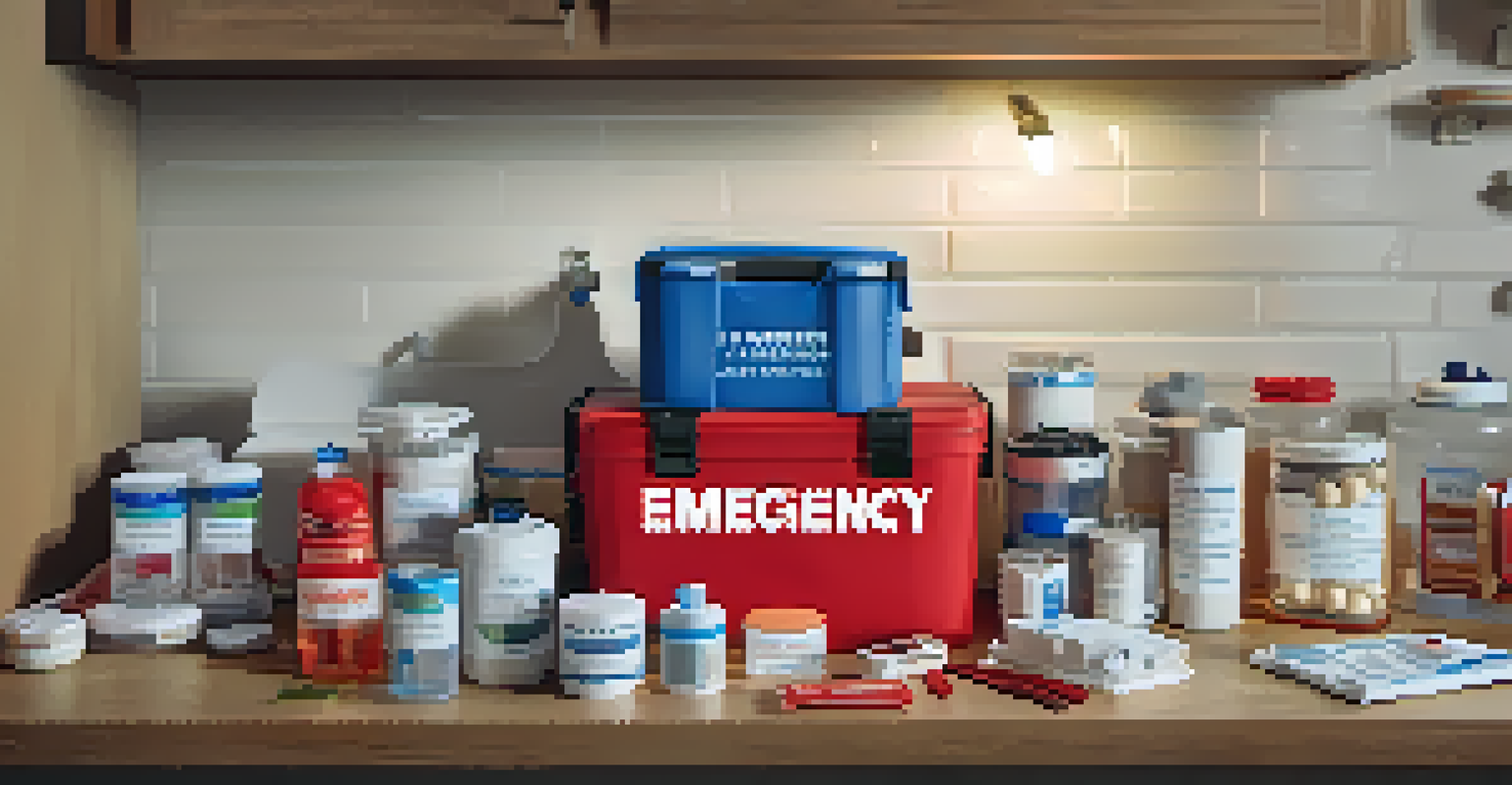 A close-up of an organized emergency supply kit on a kitchen table, displaying food, water, a flashlight, and a first-aid kit.