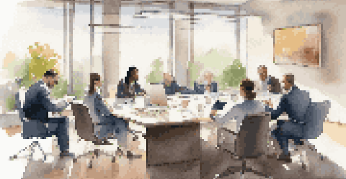 A diverse group of real estate professionals engaged in negotiation at a conference table, with documents and a laptop showing market data.