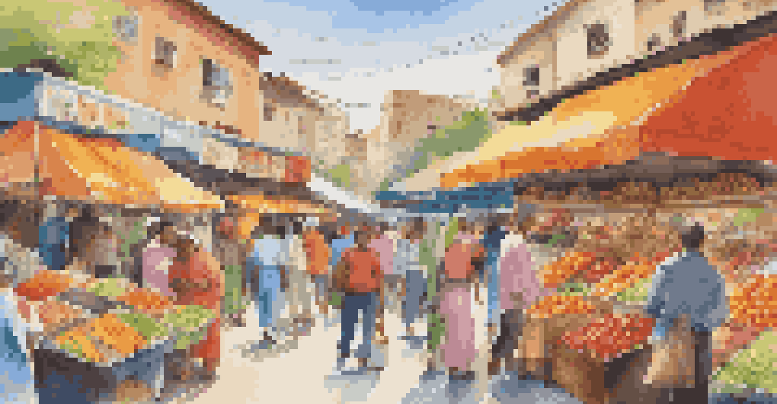 A lively multicultural market with diverse people and colorful food stalls under a clear blue sky.