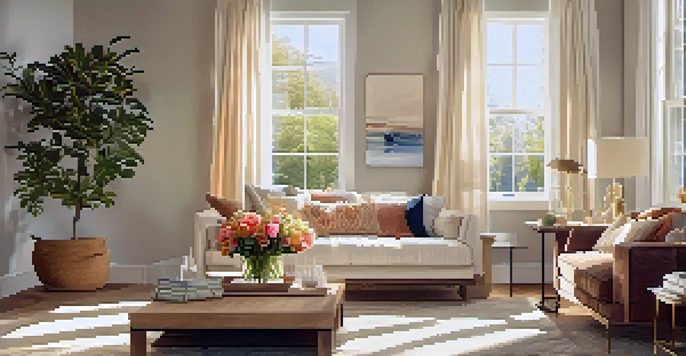 A well-staged living room with a sofa, decorative cushions, and sunlight streaming through large windows, creating an inviting atmosphere.