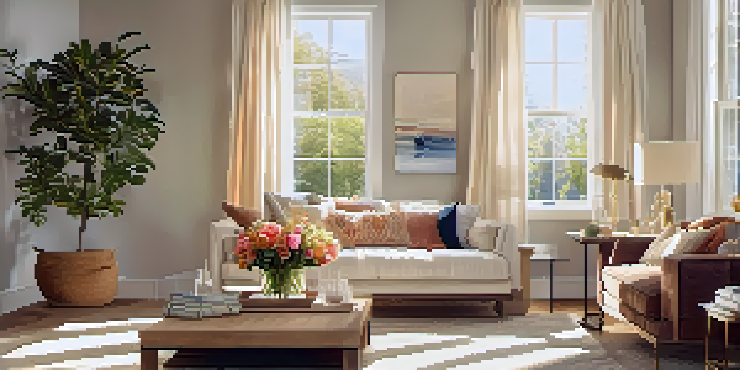 A well-staged living room with a sofa, decorative cushions, and sunlight streaming through large windows, creating an inviting atmosphere.