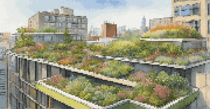A colorful green roof garden atop a modern building, featuring diverse plants under a clear blue sky.