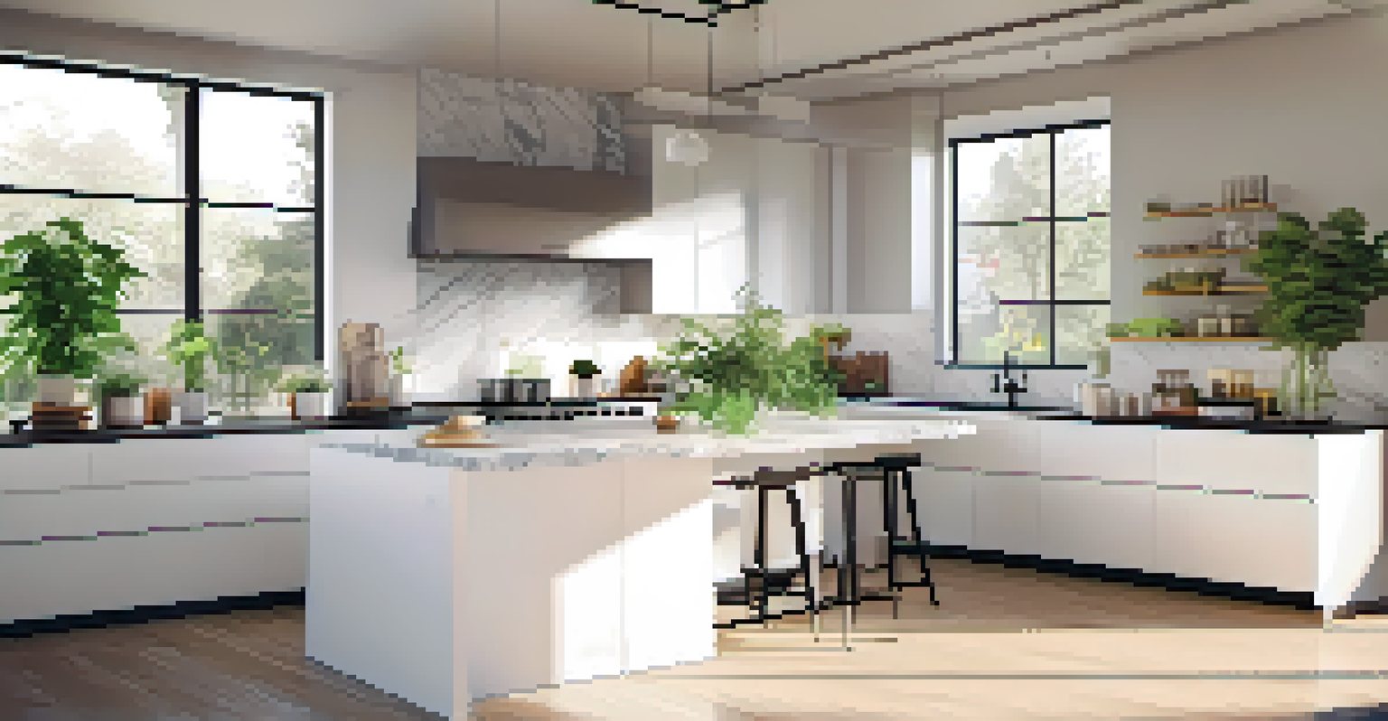 A modern kitchen with white cabinets, a marble countertop, and stainless steel appliances, illuminated by sunlight.