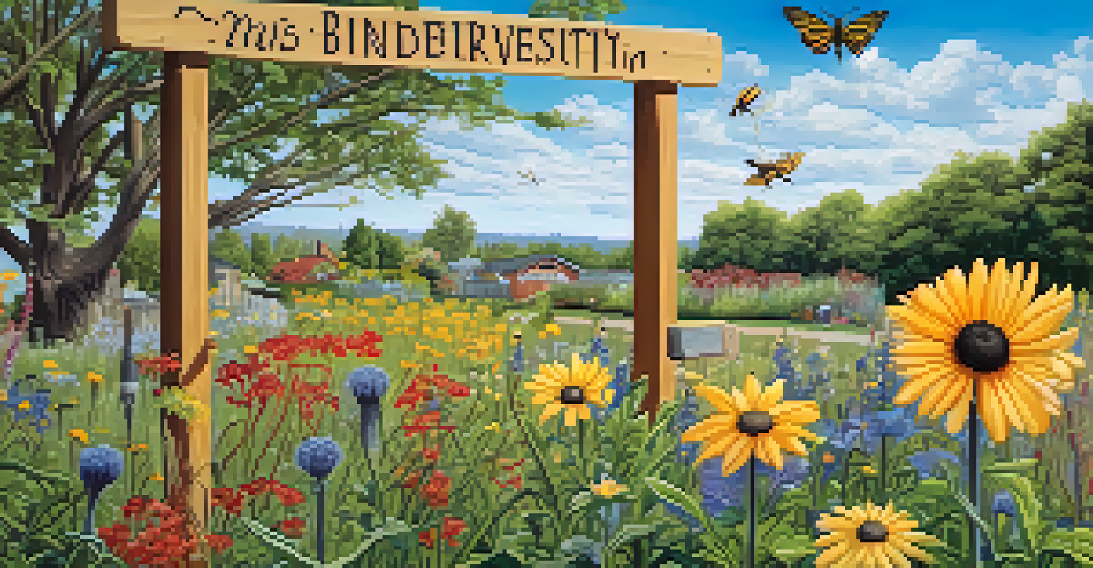 An educational sign about biodiversity in a garden, surrounded by flowers and bees, under a clear blue sky.
