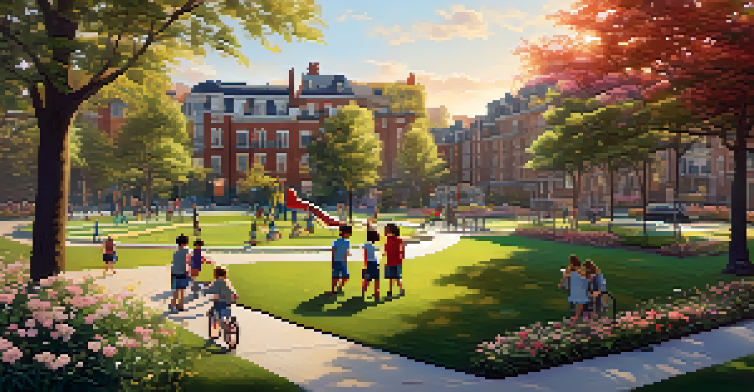 A city park with children playing, blooming flowers, and a blend of modern and historic buildings in the background at golden hour.