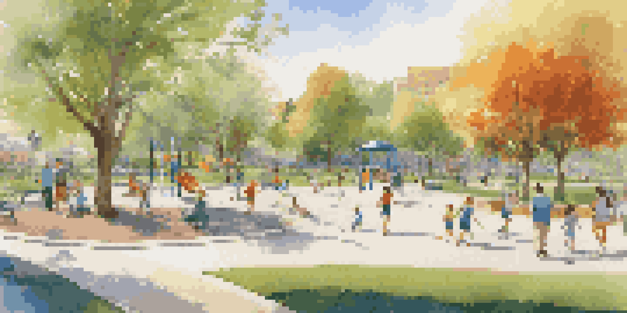 A lively park scene with families, children playing on a playground, and adults relaxing on benches amid greenery and sunlight.