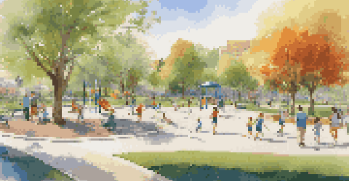 A lively park scene with families, children playing on a playground, and adults relaxing on benches amid greenery and sunlight.