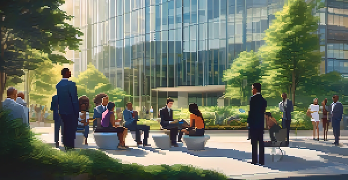 A modern office building with reflective glass windows and greenery, with a diverse group of investors discussing strategies in the foreground.