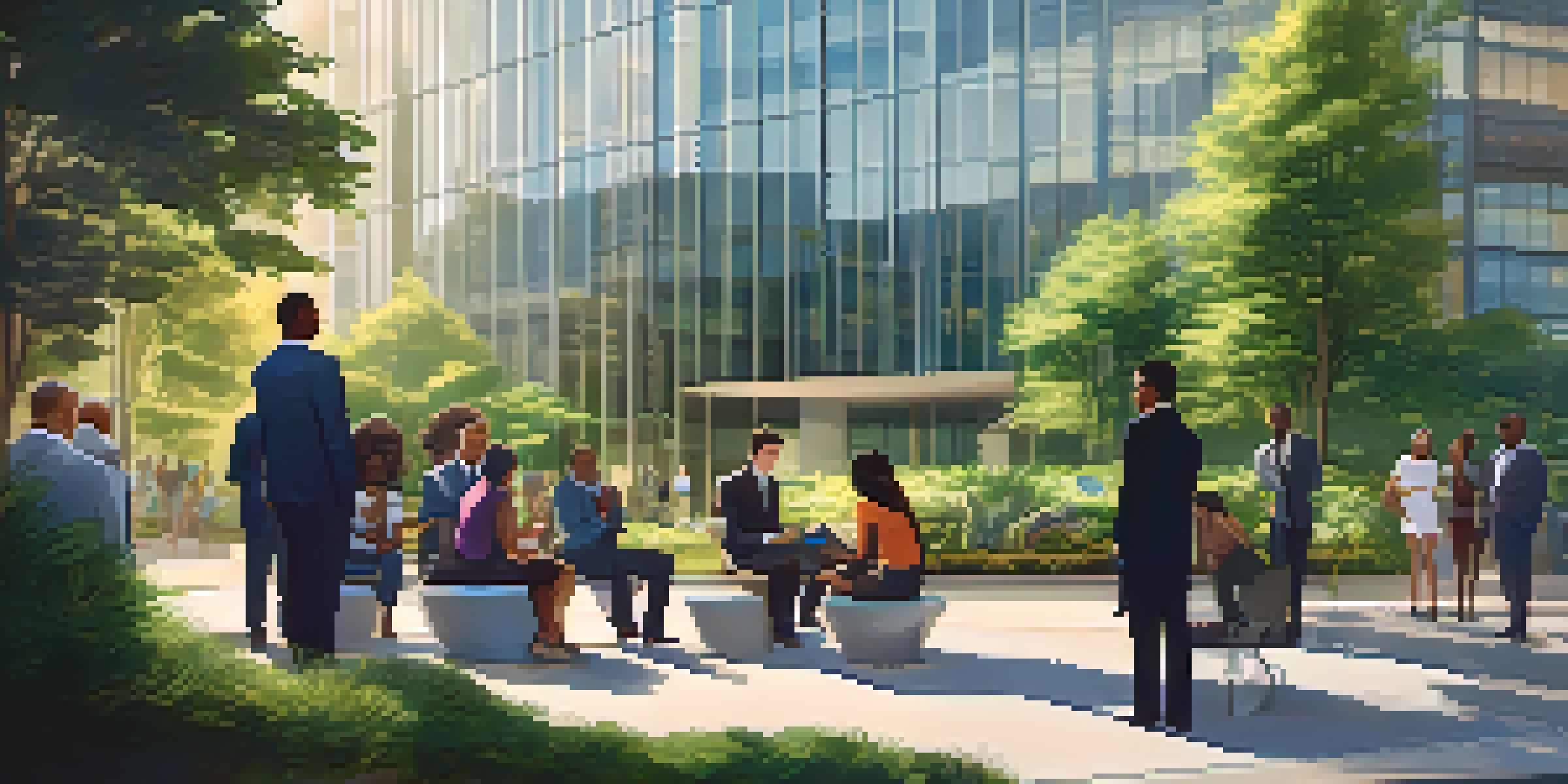 A modern office building with reflective glass windows and greenery, with a diverse group of investors discussing strategies in the foreground.