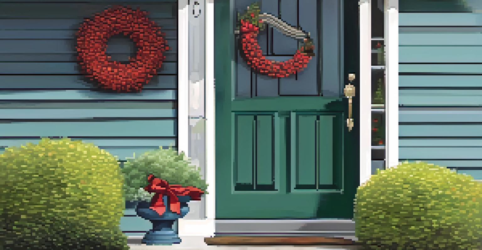 A close-up of a bold-colored front door with stylish hardware and a seasonal wreath, set against a charming exterior.