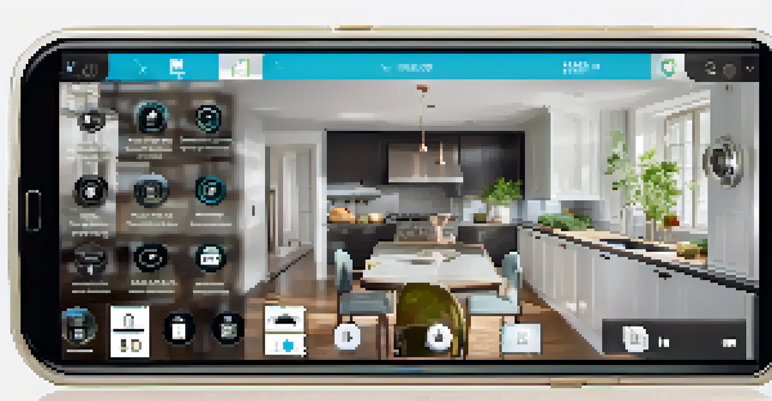 A close-up of a smartphone showing a home security app with live video feeds, set against a stylish kitchen background.