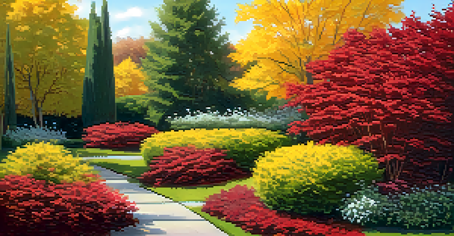 A colorful garden hedge of barberry shrubs with yellow and red leaves, surrounded by various low-maintenance plants in a sunny setting.