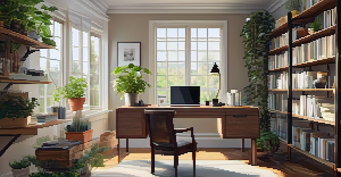 A warm and inviting home office with a wooden desk, laptop, coffee cup, and plants, illuminated by natural light.