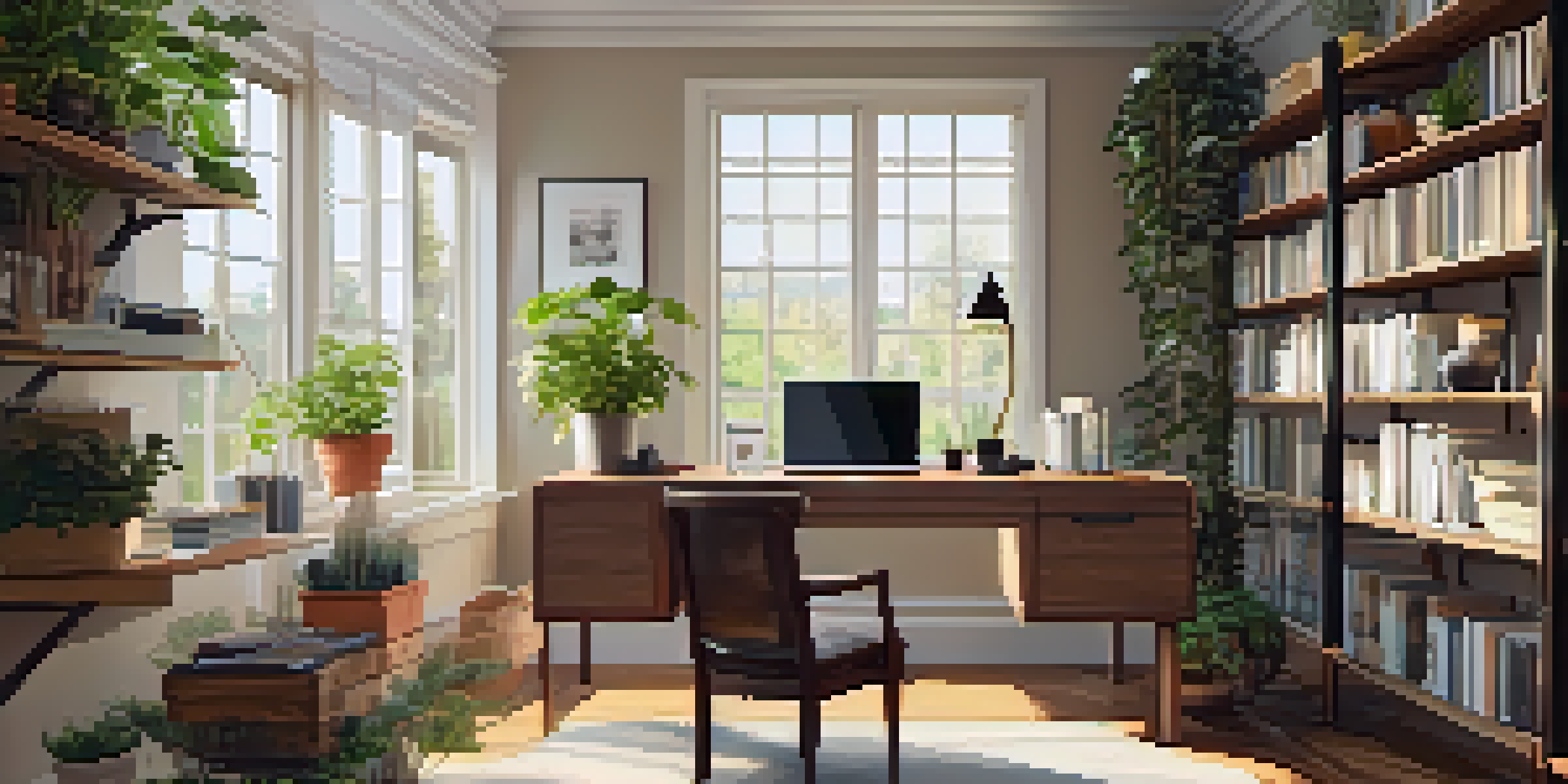 A warm and inviting home office with a wooden desk, laptop, coffee cup, and plants, illuminated by natural light.